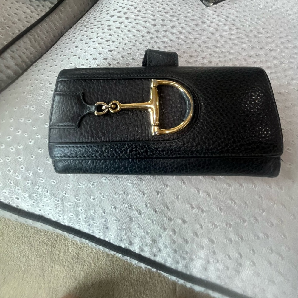 Gucci Black and Gold Leather Horse-bit Wallet